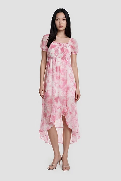 Puff Sleeve Flower Print Day Dress - Pink