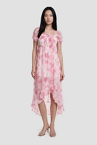 Puff Sleeve Flower Print Day Dress - Pink