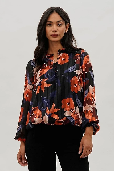 Costa Blanca Floral Sheer Sleeve Blouse - Navy