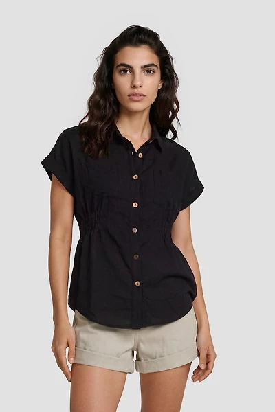 Short Sleeve Cinched Waist Button Up Shirt - Black