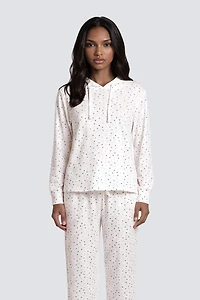 Long Sleeve Polkadot Hoody Pajama Top - White
