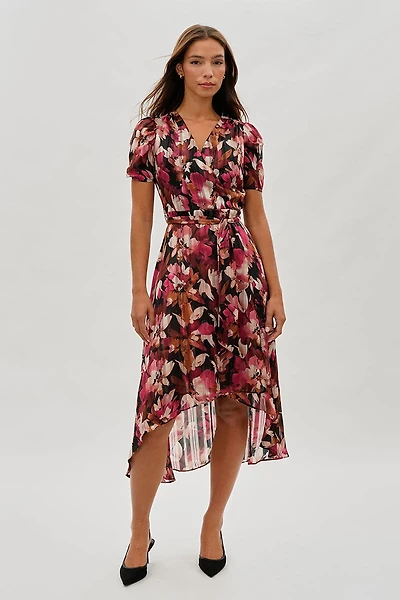 Costa Blanca Floral Crossover Midi Dress - Burgundy