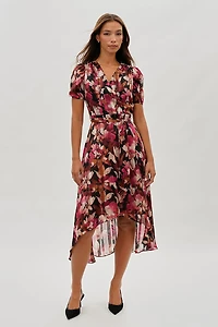 Costa Blanca Floral Crossover Midi Dress - Burgundy