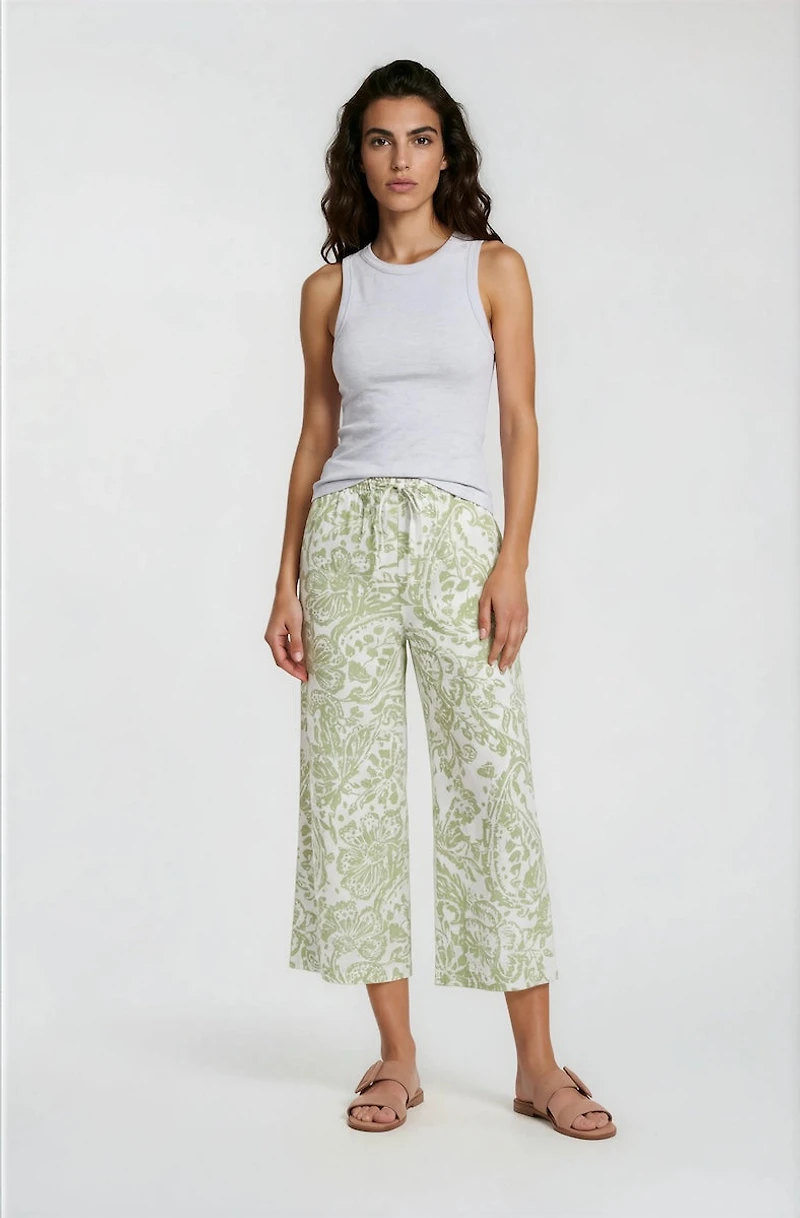 Printed Wide Leg Capris - Olive