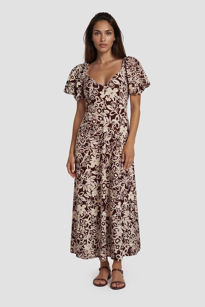 Bubble Sleeve Flower Print Day Dress