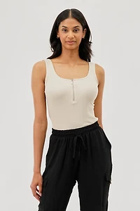 Ribbed Quarter Zip Tank Top - Cream