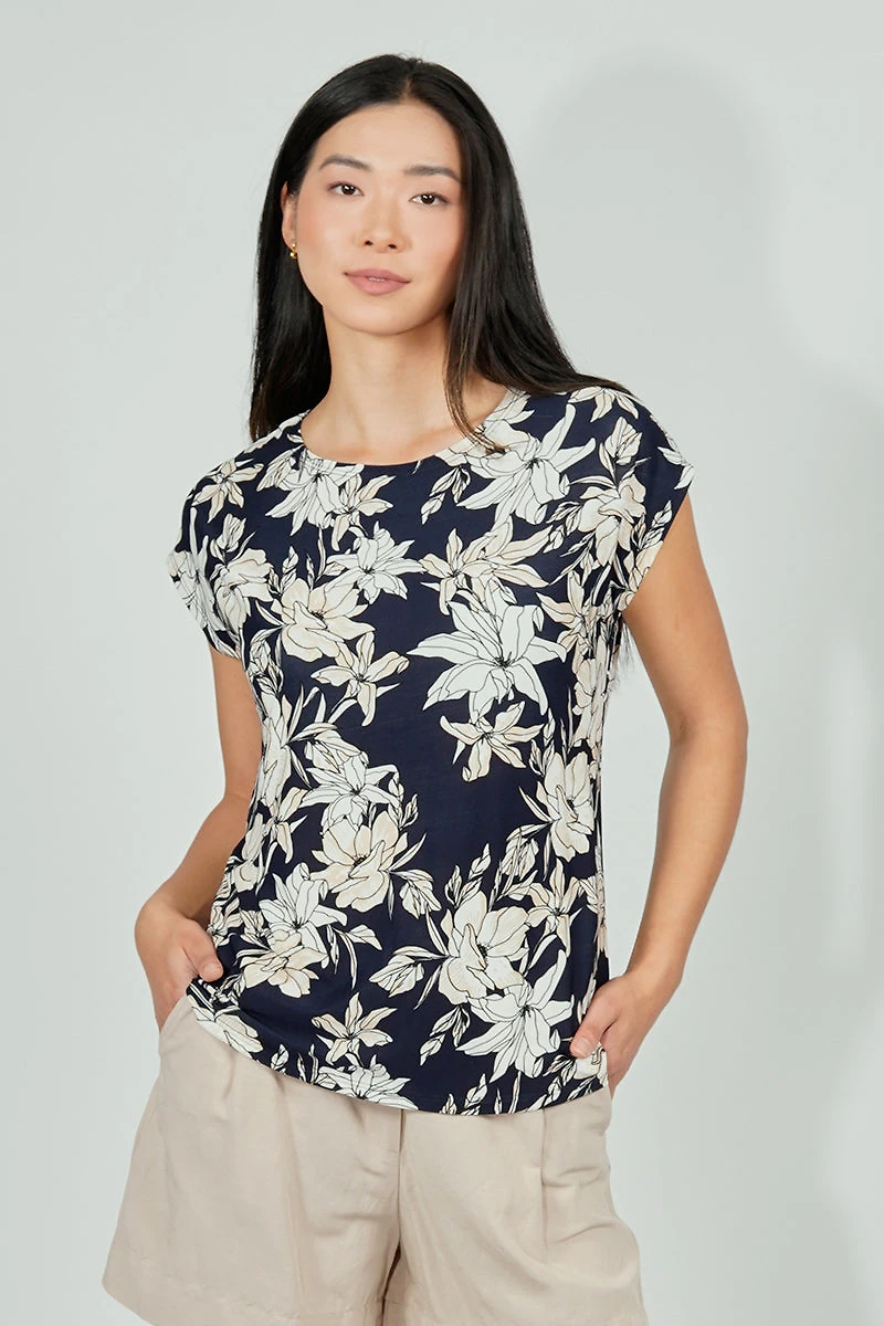 Beechers Brook Floral Circle Neck Tee - Navy