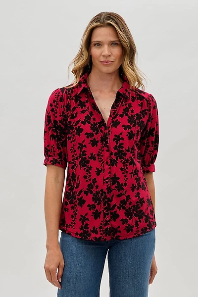 Beechers Brook Floral Puff Sleeve Button Down Blouse - Red