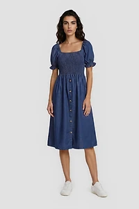 Puff Sleeve Smocked Dress - Navy