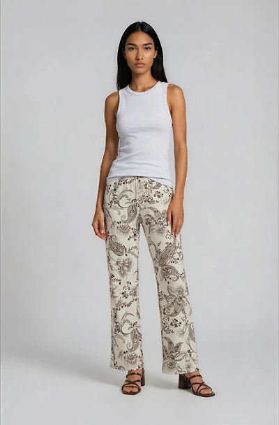 Printed Wide Leg Pants with Rope Belt - Cream