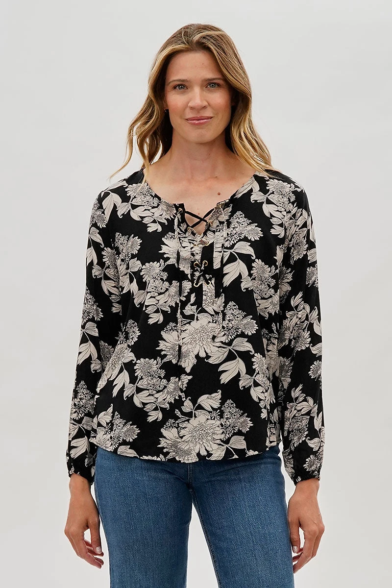 Beechers Brook Floral Lace Up Blouse - Black