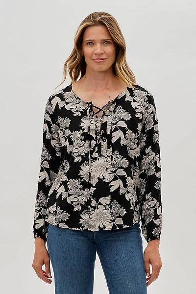 Beechers Brook Floral Lace Up Blouse - Black