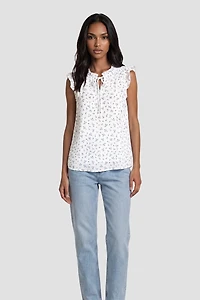 Ruffle Neck Cap Sleeve Shirt - White