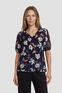 Flower Print Short Sleeve Top With Buttons