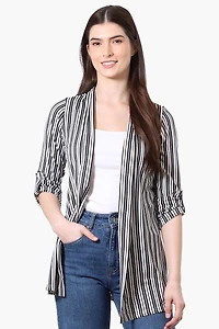 Majora Striped Roll Up Sleeve Wrap Cardigan - White