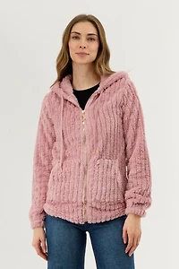 Plush Hooded Zip Up Lightweight Jacket - Pink