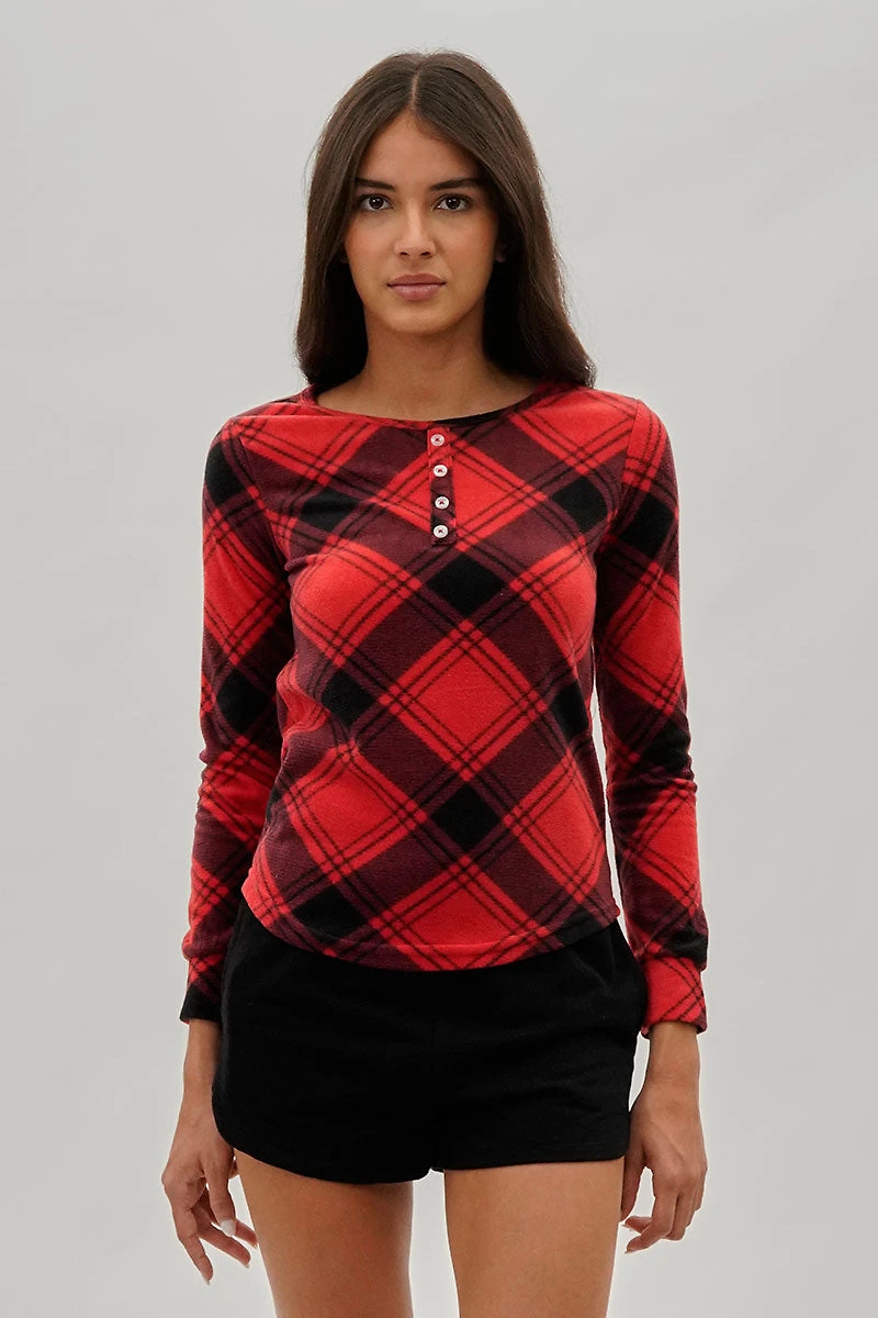 Canada Weather Gear Tartan Plaid Henley Pajama Top - Red