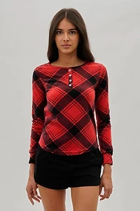 Canada Weather Gear Tartan Plaid Henley Pajama Top - Red