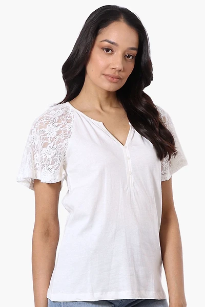Lace Cap Sleeve V-Neck Tee - White