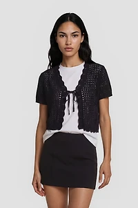 Short Sleeve Front Tie Shrug - Black