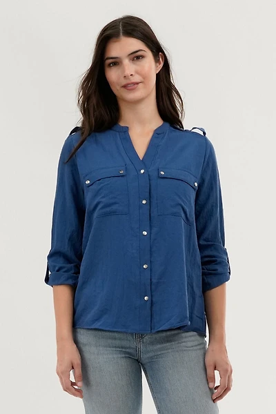 Roll Up Sleeve Utility Pocket Blouse