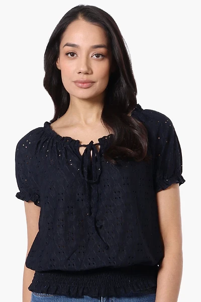 Urbanology Eyelet Drawstring Neck Blouse - Navy