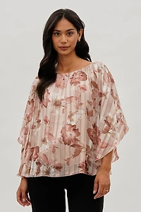 Costa Blanca Floral Chiffon Cape Blouse - Pink