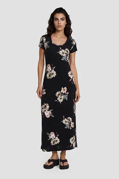 Short Sleeve Flower Print Maxi Dress