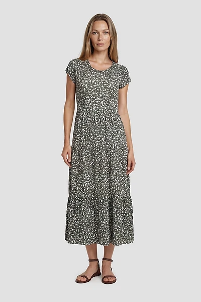 Short Sleeve Tiered Day Dress - Green