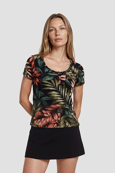 Short Sleeve Henley Top With Zip Pocket - Multi