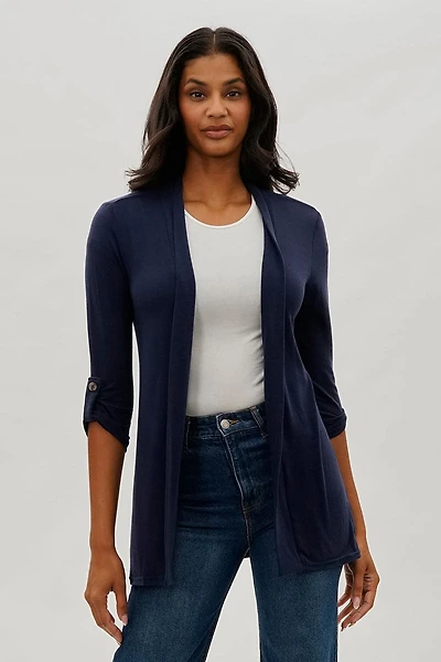 Open Front Roll Up Sleeve Cardigan - Navy