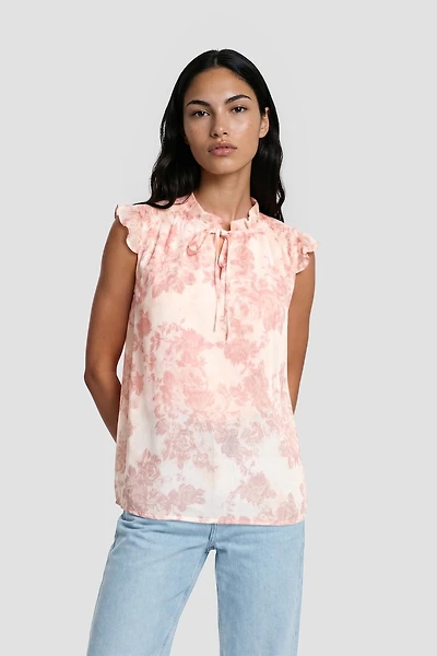Ruffle Neck Cap Sleeve Shirt - Pink