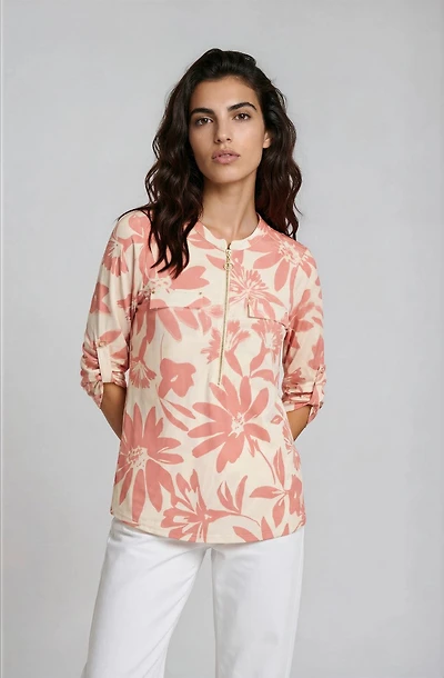 Half Zip Printed Blouse - Blush