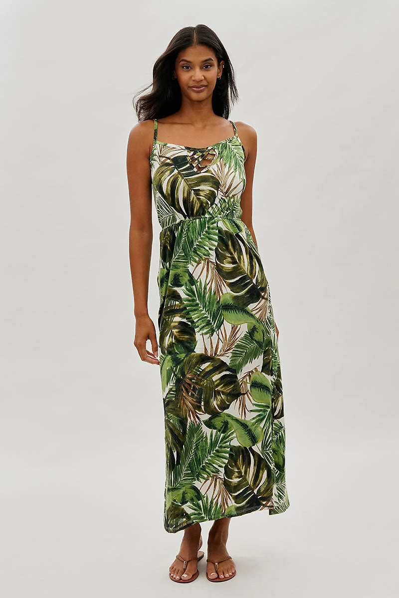 International INC Company Leaf Print Keyhole Maxi Dress - Green