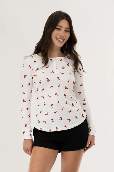 Long Sleeve Cherry Print Pajama Top - White