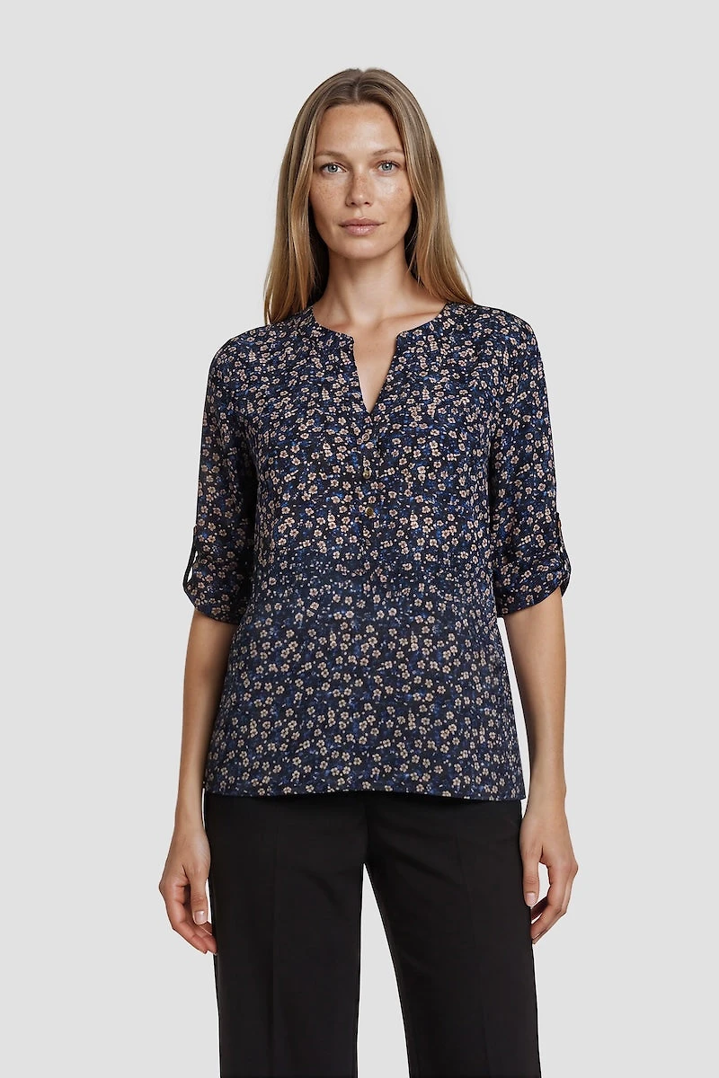 Flower Print Half Button Up Shirt - Navy