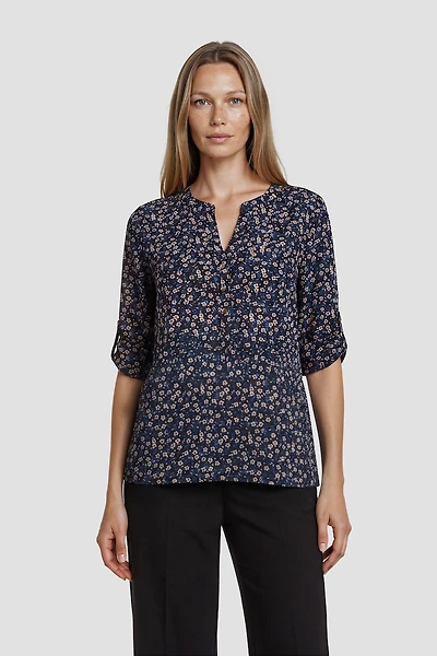 Flower Print Half Button Up Shirt - Navy