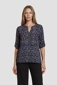 Flower Print Half Button Up Shirt - Navy