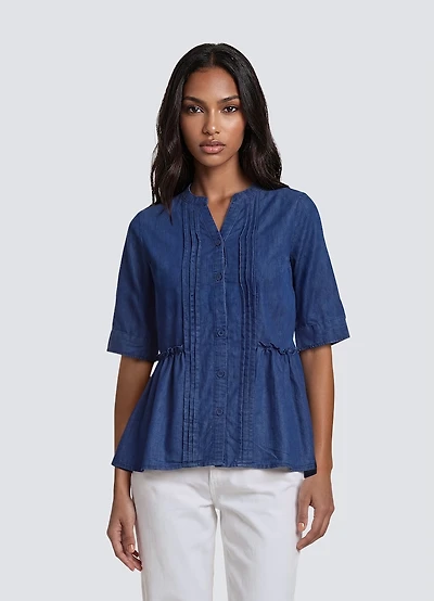 Half Sleeve Pleated Button Down Shirt - Navy