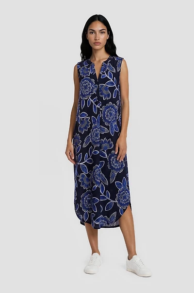 Long Printed Tunic Dress - Navy
