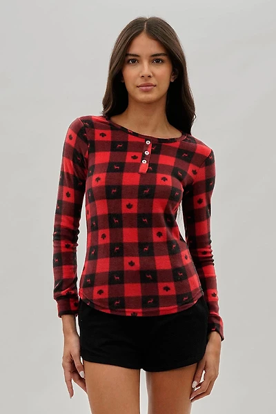 Canada Weather Gear Plaid Leaf Print Henley Pajama Top - Red