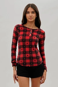 Canada Weather Gear Plaid Leaf Print Henley Pajama Top - Red