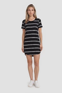 Short Sleeve Striped Day Dress - Black