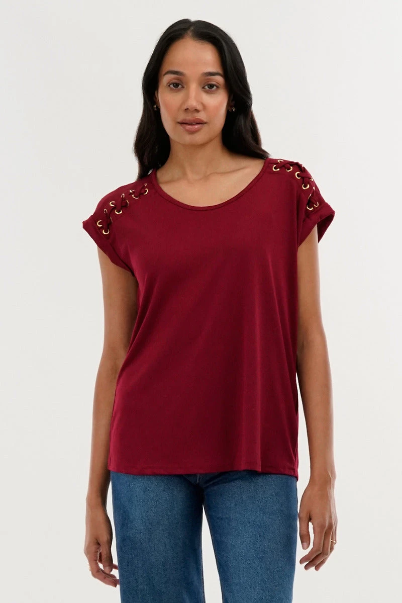 International INC Company Shoulder Lace Up Tee - Burgundy