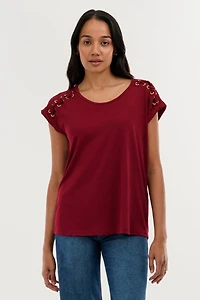 International INC Company Shoulder Lace Up Tee - Burgundy