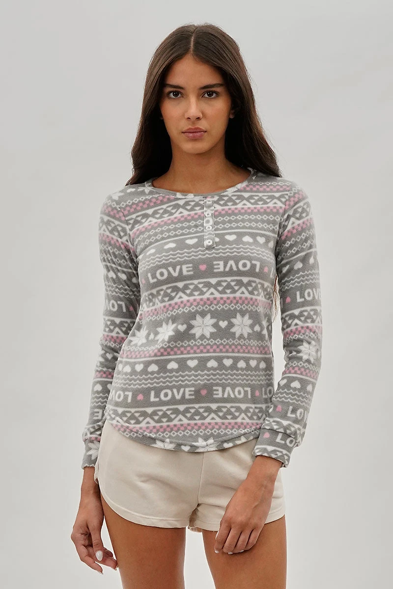 Canada Weather Gear Festive Print Henley Pajama Top - Grey