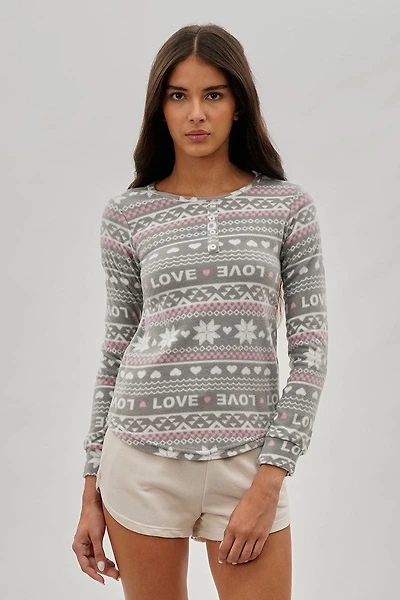Canada Weather Gear Festive Print Henley Pajama Top - Grey