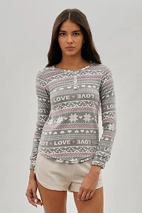 Canada Weather Gear Festive Print Henley Pajama Top - Grey