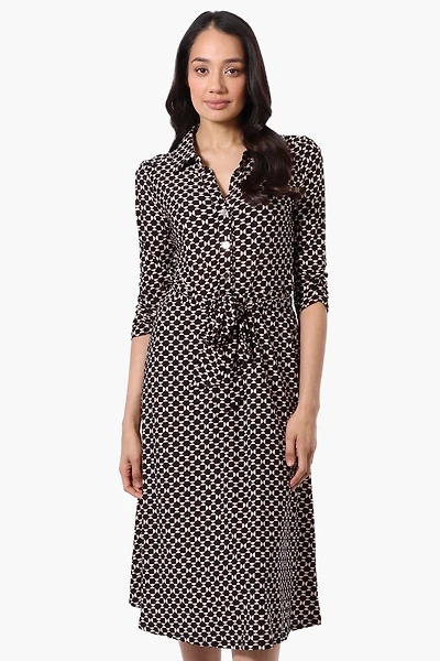 Beechers Brook Patterned Belted 3/4 Sleeve Midi Dress - Black
