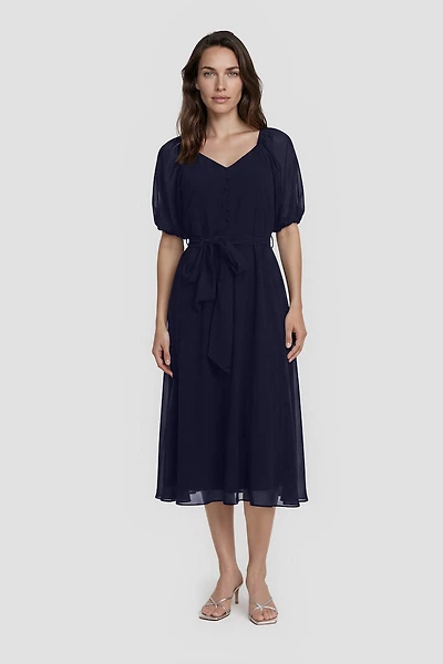 Puff Sleeve Tie-Up Midi Dress